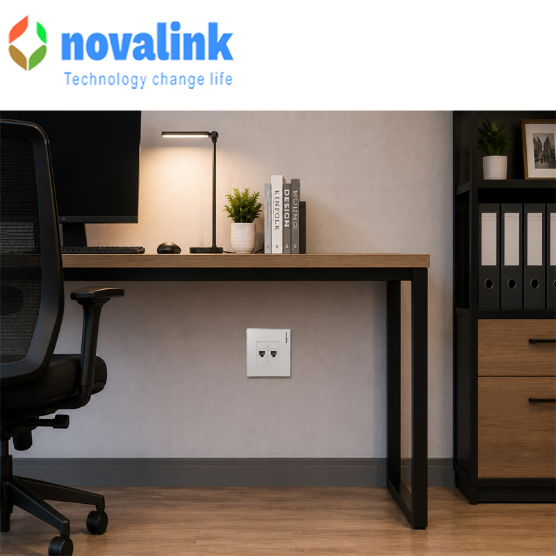 Bộ ổ cắm mạng &acirc;m tường vu&ocirc;ng 2 cổng Cat6 Novalink NV-22002SW + CC-04-00231