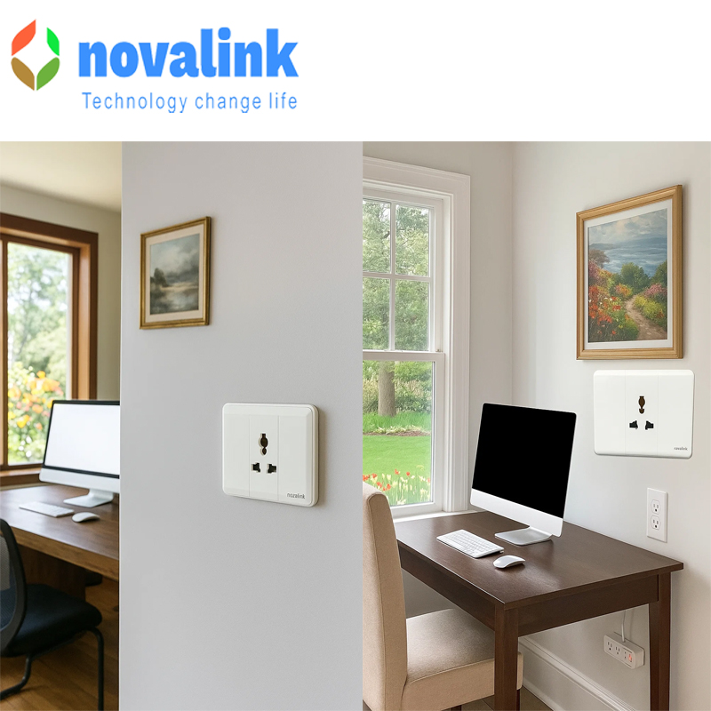 Bộ mặt ổ cắm đơn 3 chấu đa năng 15A novalink A6-08 cao cấp