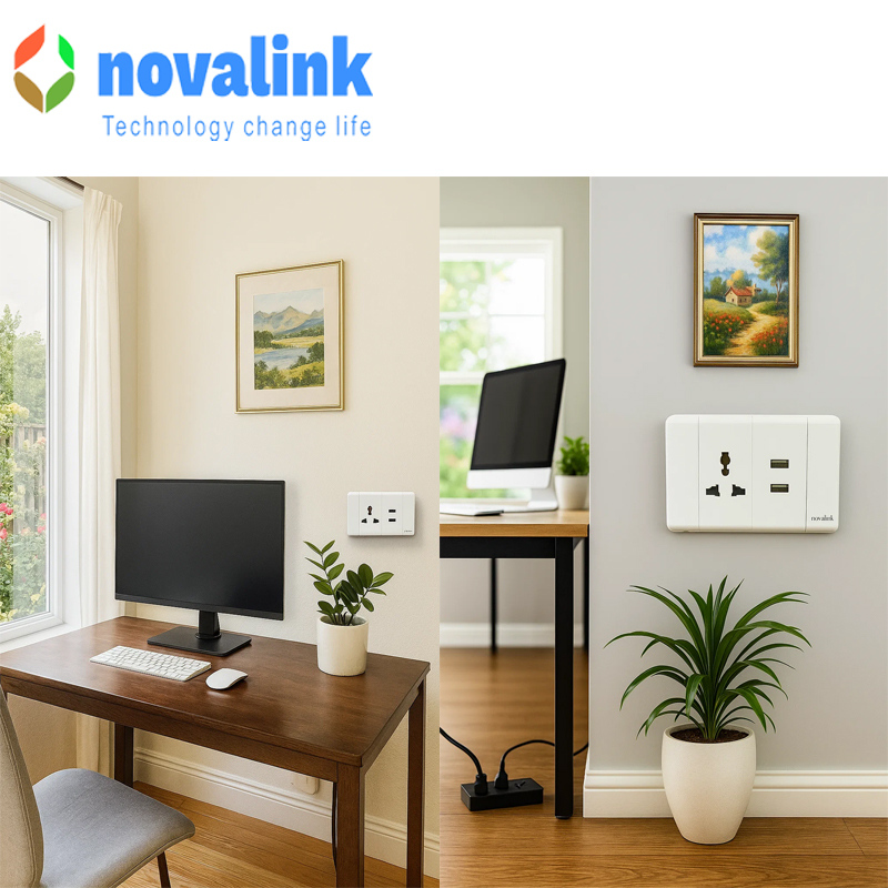 Bộ mặt ổ điện đơn 3 chấu đa năng + 2 USB sạc Novalink A6-31 cao cấp