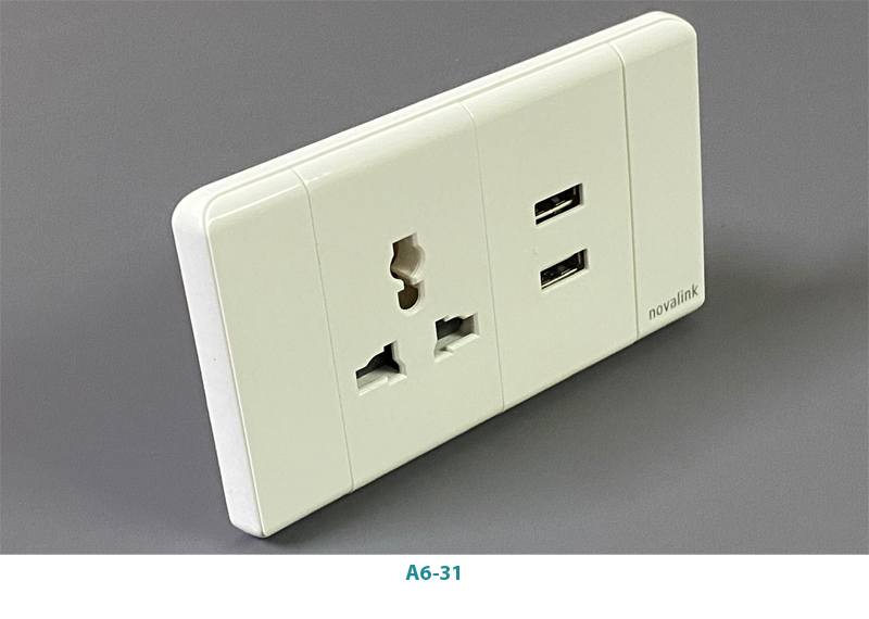 Bộ mặt ổ điện đơn 3 chấu đa năng + 2 USB sạc Novalink A6-31 cao cấp