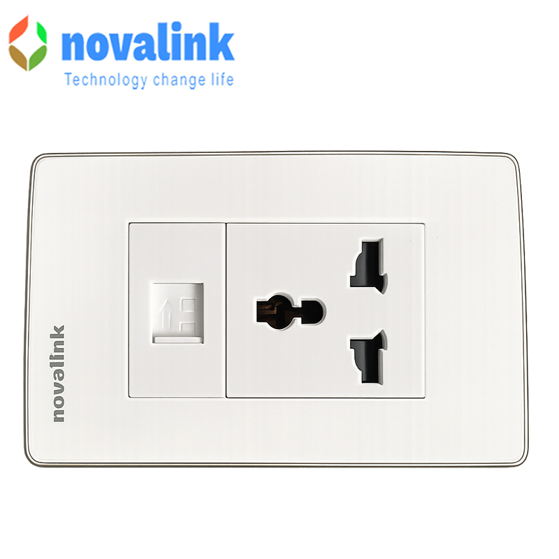 Bộ ổ cắm điện đơn 3 chấu mạng cat6 &acirc;m tường novalink NV-21003WS+M13+ CC-04-00231 ch&iacute;nh h&atilde;ng