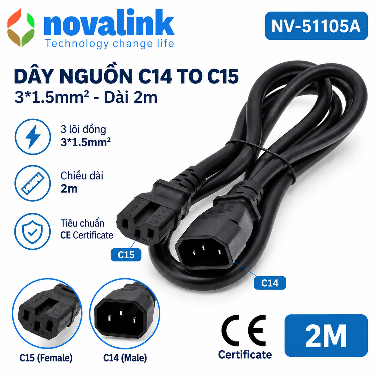 D&acirc;y nguồn C14 to C15 3*1.5mm d&agrave;i 2m Novalink NV-51105A ti&ecirc;u chuẩn CE