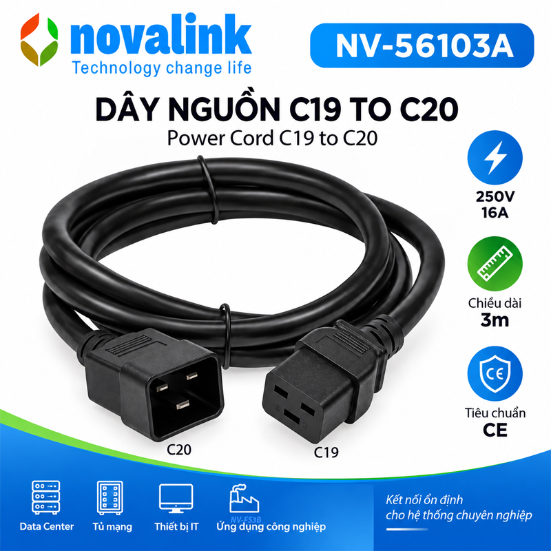 D&acirc;y nguồn C19 to C20 tiết diện 3*2.5mm 16A d&agrave;i 3m Novalink m&atilde; NV-56103A