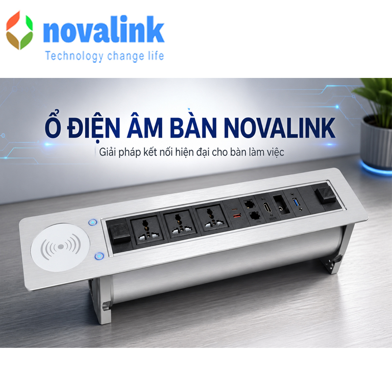 Ổ Điện Âm Bàn Novalink NV-ST803WQI Tích Hợp Sạc Không Dây, Xoay 180 Độ - Giải Pháp Kết Nối Hiện Đại