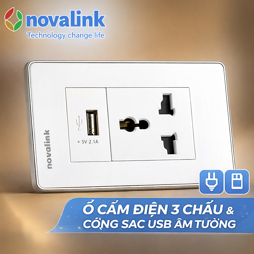 Bộ ổ cắm điện đơn 3 chấu + USB 5v-2A âm tường novalink NV-21003WS+P21-C2A