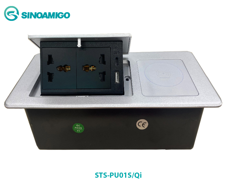 Hộp điện âm bàn cao cấp sinoamigo STS-PU01S/Qi mầu đen với sạc không dây 15W