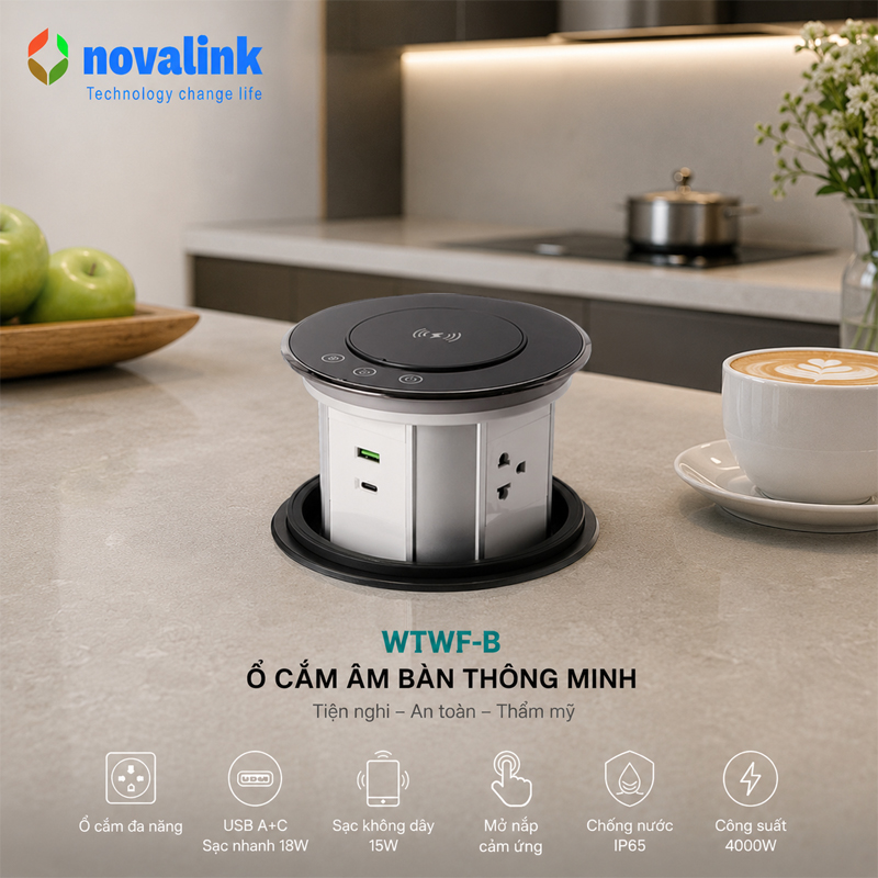 Hộp ổ điện âm bàn bếp, bàn đảo cao cấp novalink WTWF-B mở  nắp cảm ứng + wifi