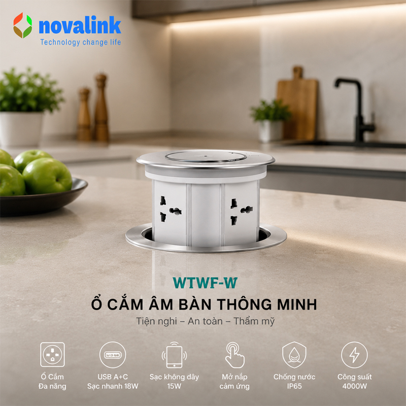 Hộp ổ điện âm bàn cao cấp novalink mã WTWF-W mở nắp cảm ứng và app thông qua wifi