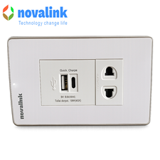 Bộ ổ cắm điện đơn 2 chấu + sạc USB A-C P21-QC1 chính hãng novalink NV-21003WS+P21-QC1